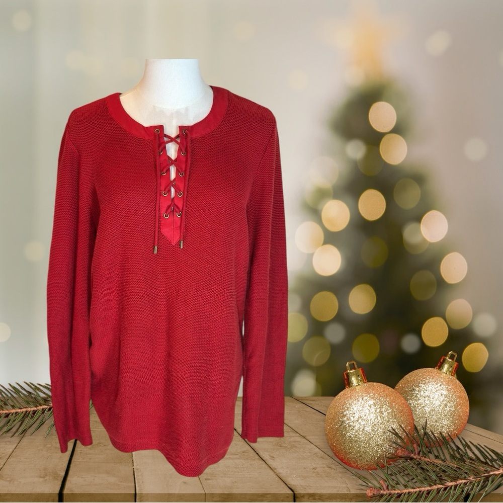 Lauren Ralph Lauren size Large red long sleeve cotton waffle sweater‎